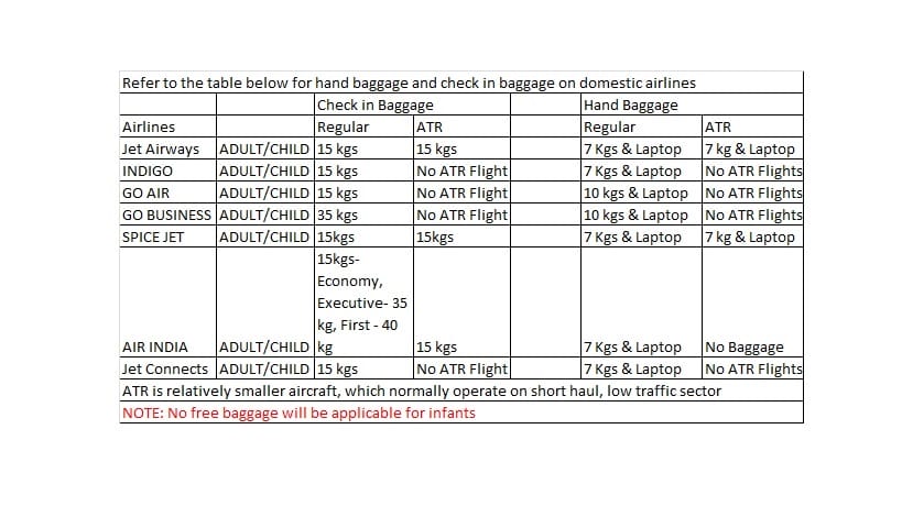 Luggage structure for Indian Domestic Airlines Windhorse Tours